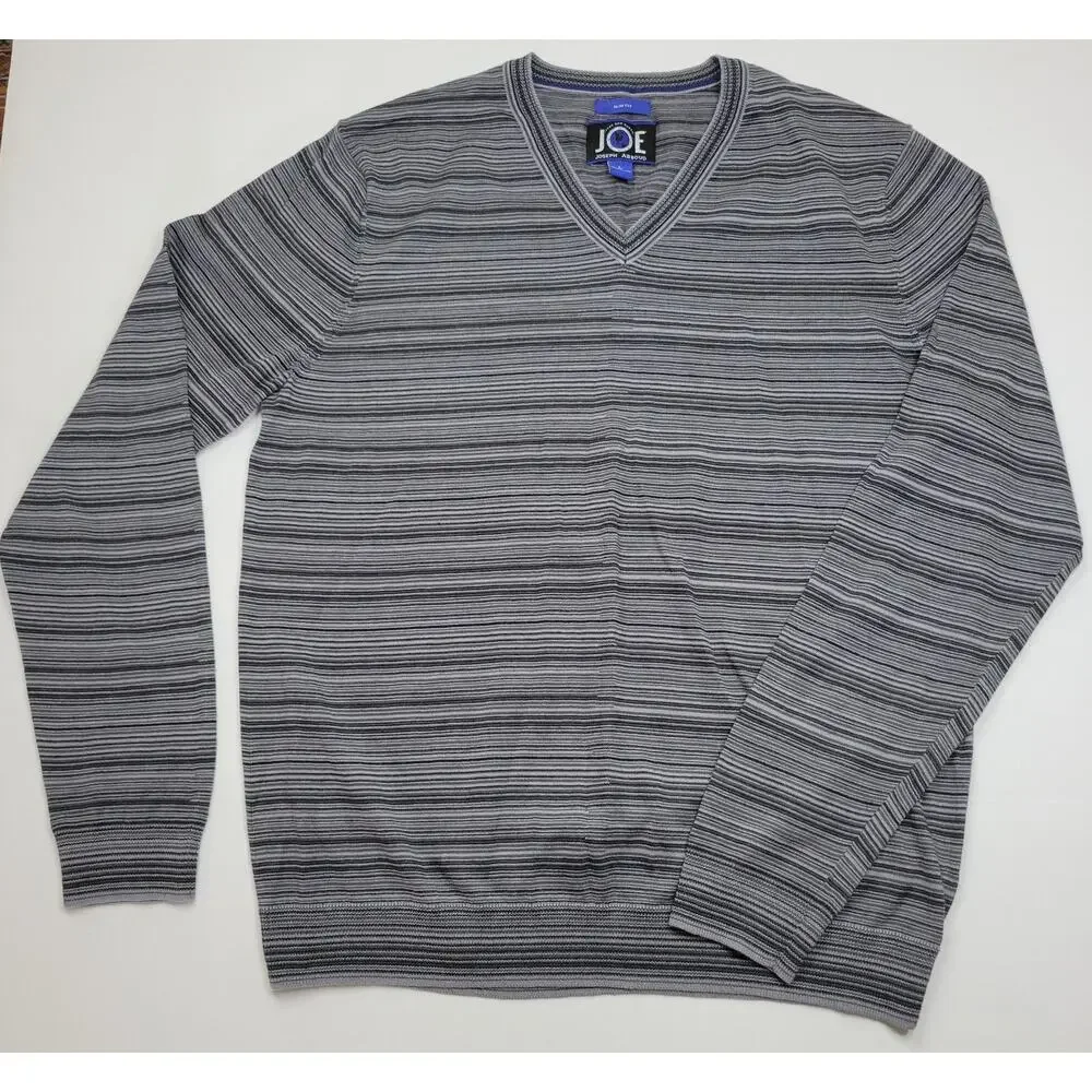 Joseph Abboud Merino Wool Blend Slim Fit Black White Gray Striped V Neck Men's L